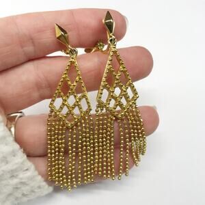 Vintage Givenchy Ball Chain Mesh Fringe Dangle Long Chandelier Clip on Earrings